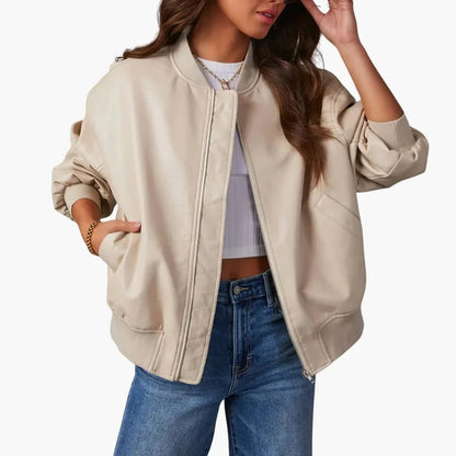 Elegant Faux Leather Bomber Jacket for Women with Stand Collar Long Sleeve Oversized Zip Front Style
