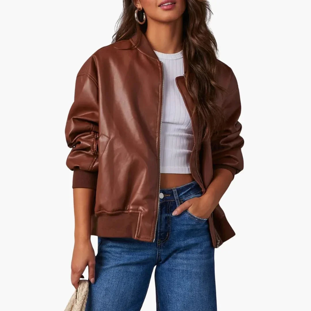 Elegant Faux Leather Bomber Jacket for Women with Stand Collar Long Sleeve Oversized Zip Front Style