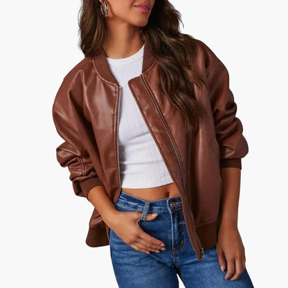 Elegant Faux Leather Bomber Jacket for Women with Stand Collar Long Sleeve Oversized Zip Front Style
