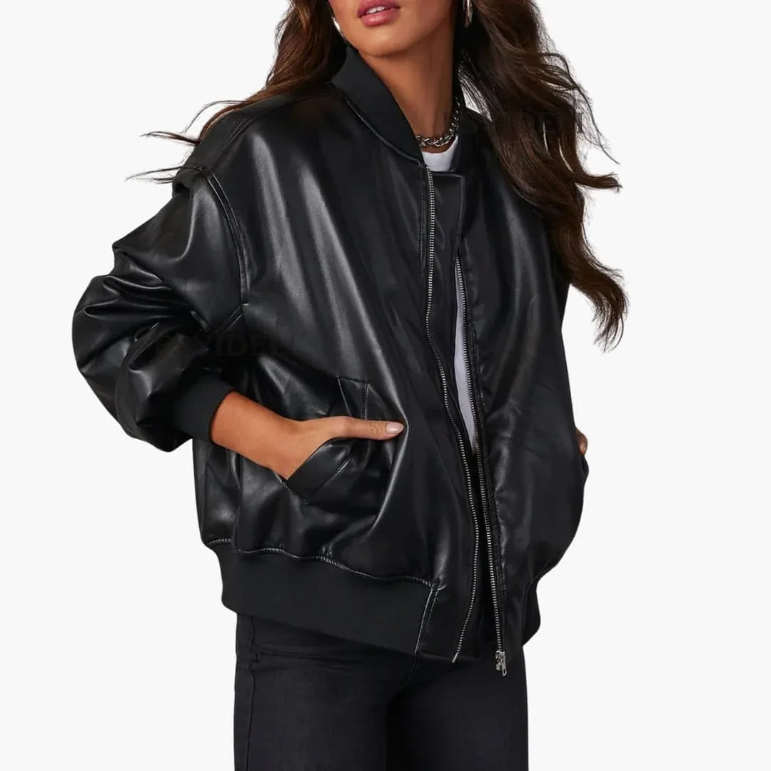 Elegant Faux Leather Bomber Jacket for Women with Stand Collar Long Sleeve Oversized Zip Front Style