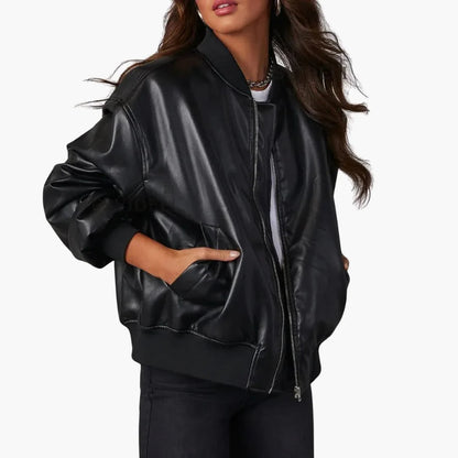 Elegant Faux Leather Bomber Jacket for Women with Stand Collar Long Sleeve Oversized Zip Front Style