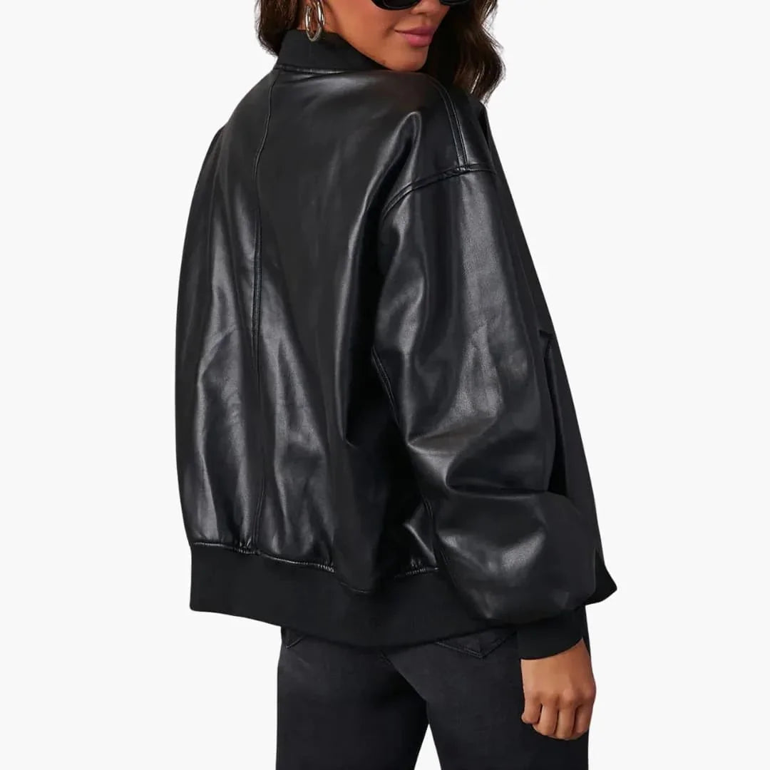 Elegant Faux Leather Bomber Jacket for Women with Stand Collar Long Sleeve Oversized Zip Front Style