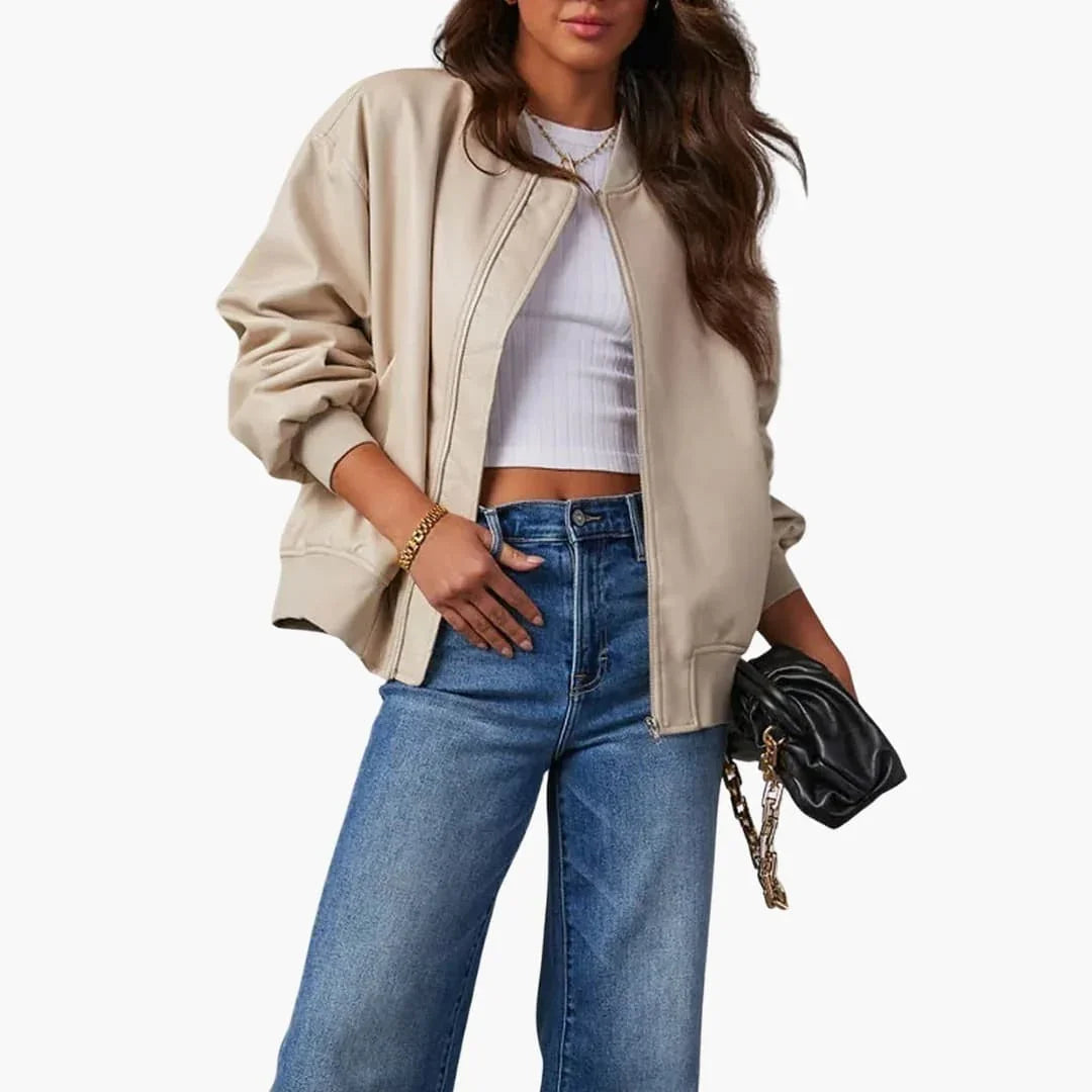 Elegant Faux Leather Bomber Jacket for Women with Stand Collar Long Sleeve Oversized Zip Front Style