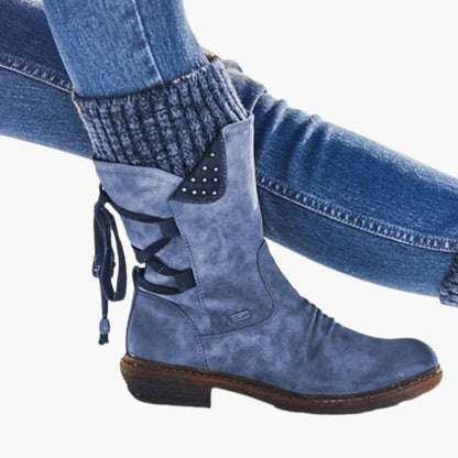 Effortless Suede Snowproof Boots for Women with Knit Cuff Lace Up Mid Calf Studded Style