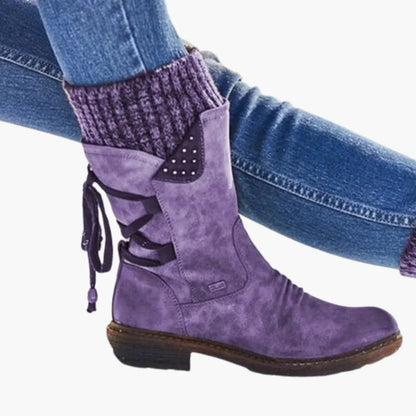 Effortless Suede Snowproof Boots for Women with Knit Cuff Lace Up Mid Calf Studded Style