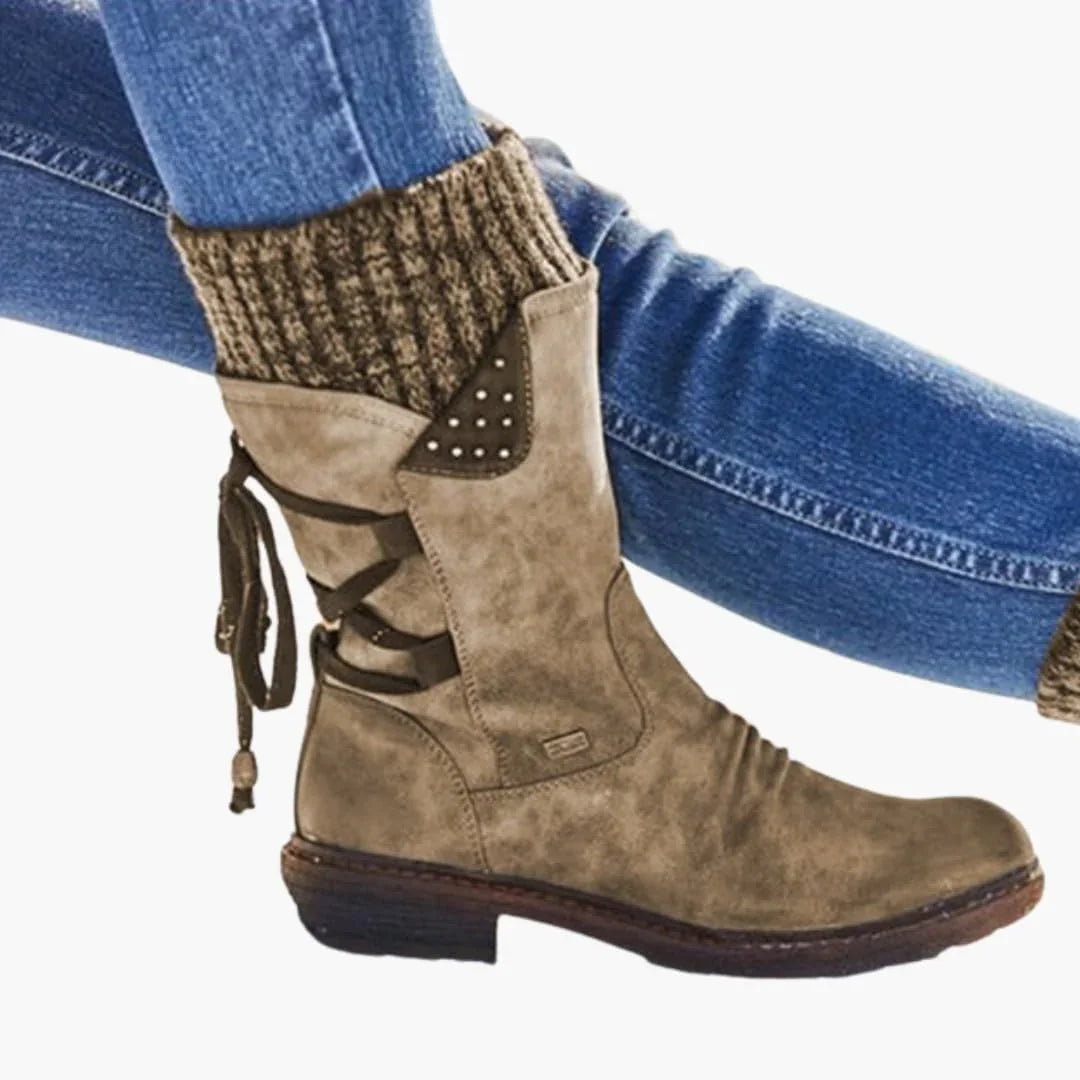Effortless Suede Snowproof Boots for Women with Knit Cuff Lace Up Mid Calf Studded Style