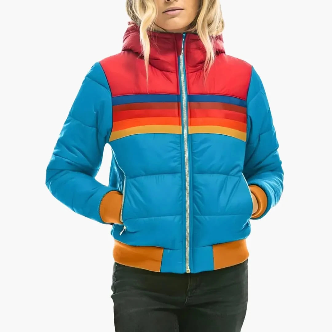 Effortless Colorblock Puffer Jacket for Women with Hooded Long Sleeve Rainbow Stripe Quilted Casual Style