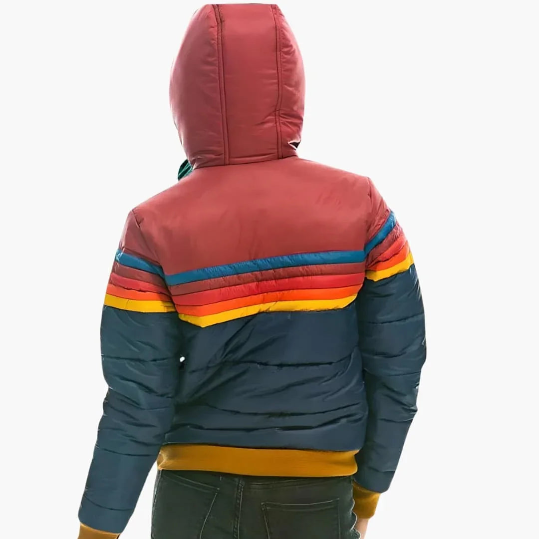 Effortless Colorblock Puffer Jacket for Women with Hooded Long Sleeve Rainbow Stripe Quilted Casual Style