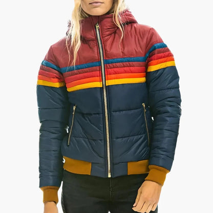 Effortless Colorblock Puffer Jacket for Women with Hooded Long Sleeve Rainbow Stripe Quilted Casual Style