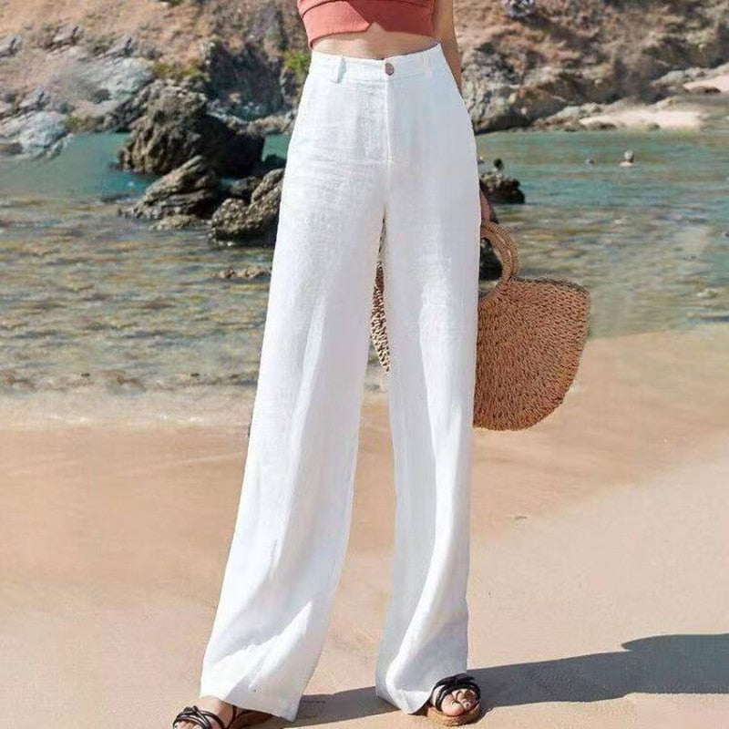 Effortless Linen Wide Leg Pants for Women with High Waist Button Front Relaxed Flowing Style