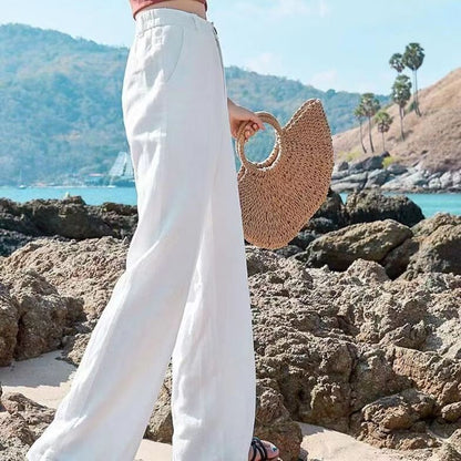 Effortless Linen Wide Leg Pants for Women with High Waist Button Front Relaxed Flowing Style