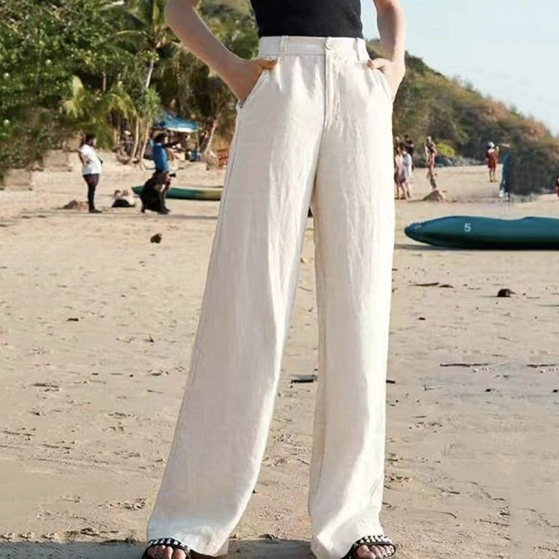 Effortless Linen Wide Leg Pants for Women with High Waist Button Front Relaxed Flowing Style