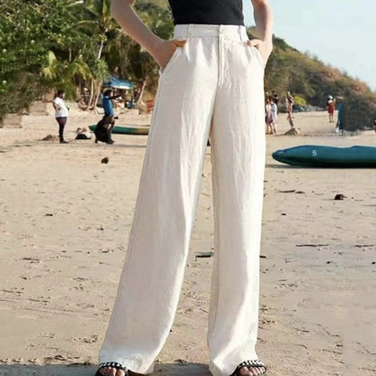 Effortless Linen Wide Leg Pants for Women with High Waist Button Front Relaxed Flowing Style
