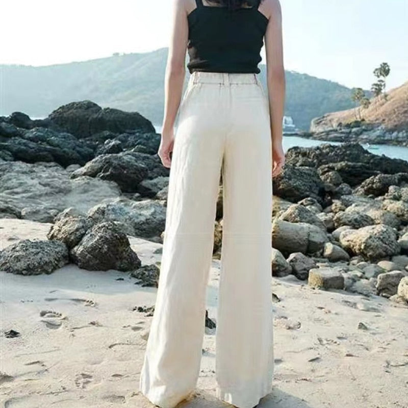 Effortless Linen Wide Leg Pants for Women with High Waist Button Front Relaxed Flowing Style