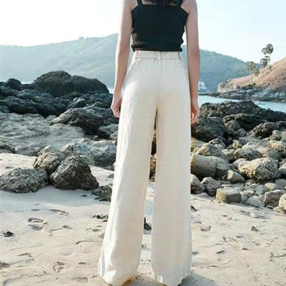 Effortless Linen Wide Leg Pants for Women with High Waist Button Front Relaxed Flowing Style