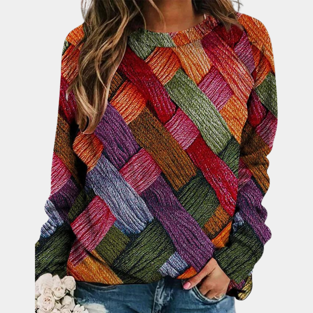 Comfortable Woven Print Sweater for Women with Crew Neck Long Sleeve Relaxed Oversized Knit Style
