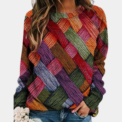 Comfortable Woven Print Sweater for Women with Crew Neck Long Sleeve Relaxed Oversized Knit Style
