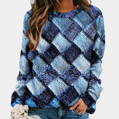 Comfortable Woven Print Sweater for Women with Crew Neck Long Sleeve Relaxed Oversized Knit Style