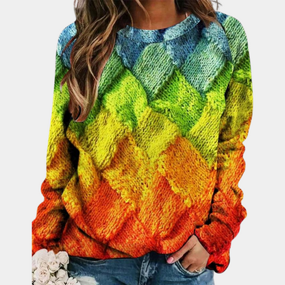 Comfortable Woven Print Sweater for Women with Crew Neck Long Sleeve Relaxed Oversized Knit Style