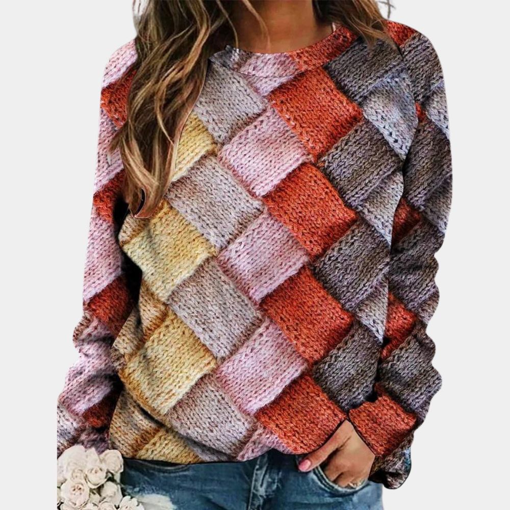Comfortable Woven Print Sweater for Women with Crew Neck Long Sleeve Relaxed Oversized Knit Style