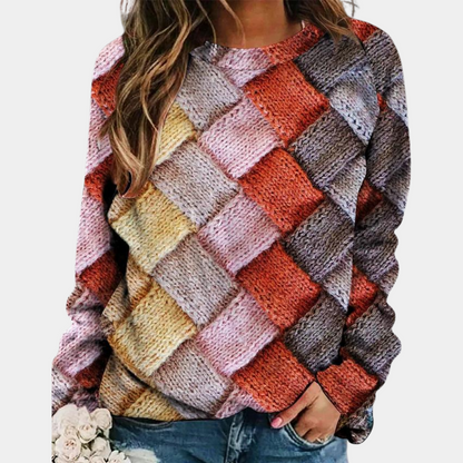 Comfortable Woven Print Sweater for Women with Crew Neck Long Sleeve Relaxed Oversized Knit Style