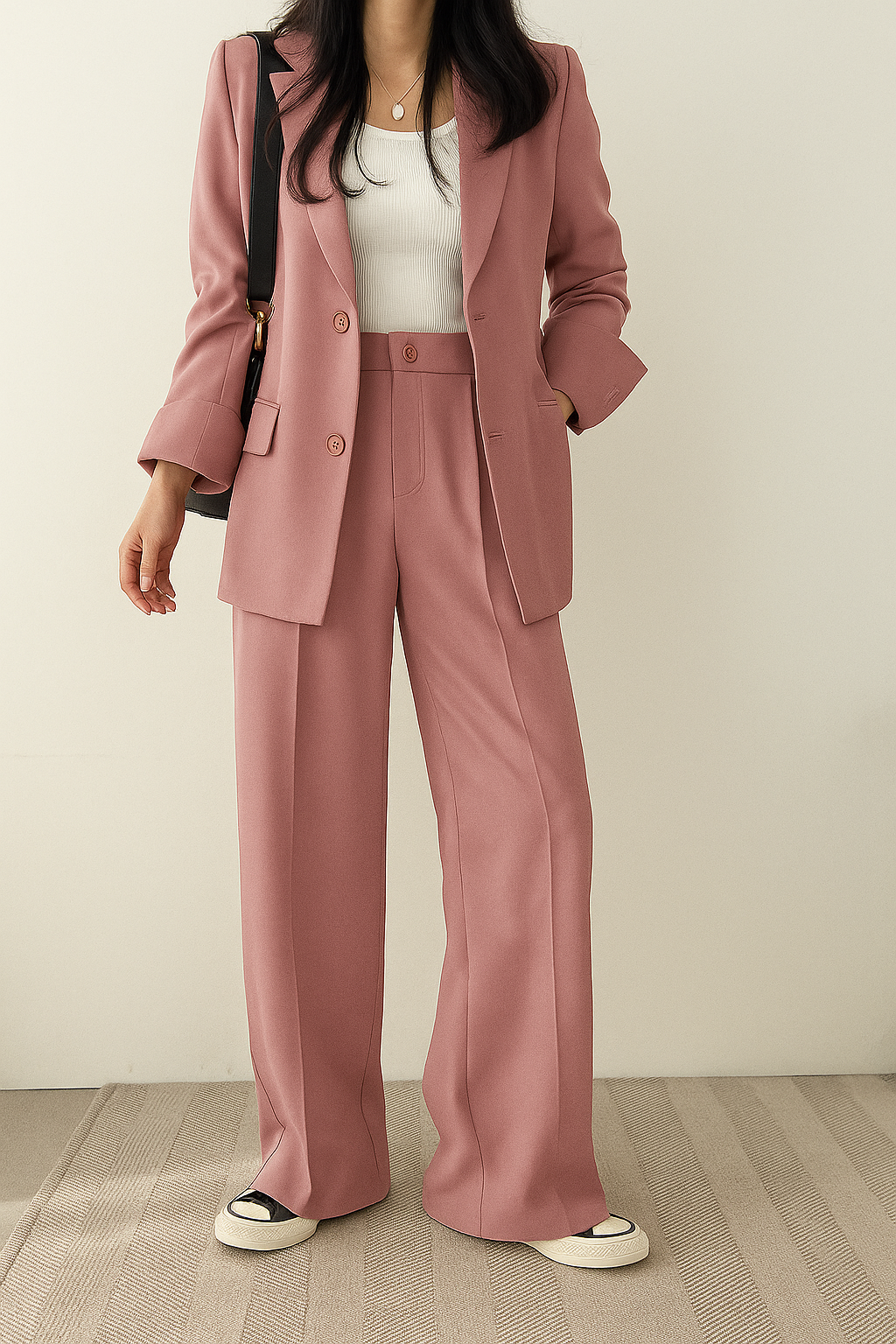 Elegant Tailored Women's Suit for Women with Notched Lapel Long Sleeve Wide Leg Two Piece Style