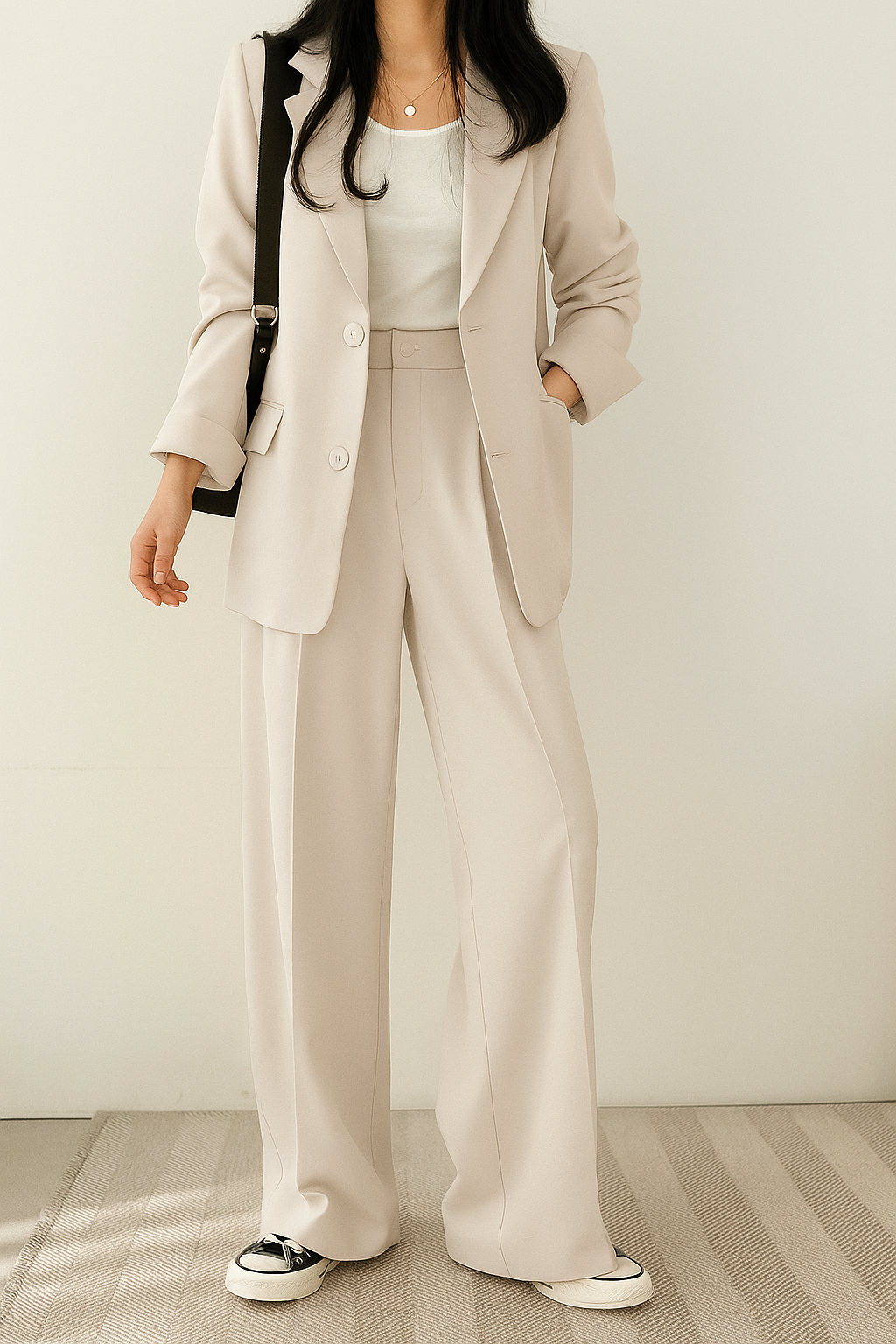 Elegant Tailored Women's Suit for Women with Notched Lapel Long Sleeve Wide Leg Two Piece Style