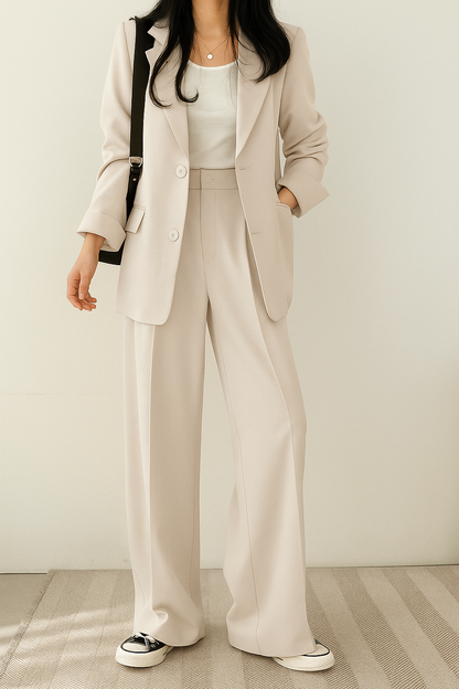 Elegant Tailored Women's Suit for Women with Notched Lapel Long Sleeve Wide Leg Two Piece Style