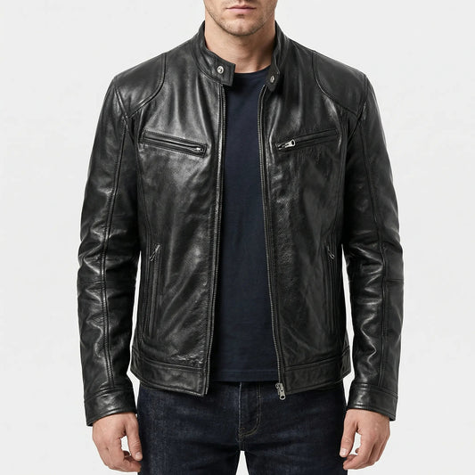 Edgy Leather Jacket for Men with Stand Collar Long Sleeve Zip Up Cafe Racer Biker Style