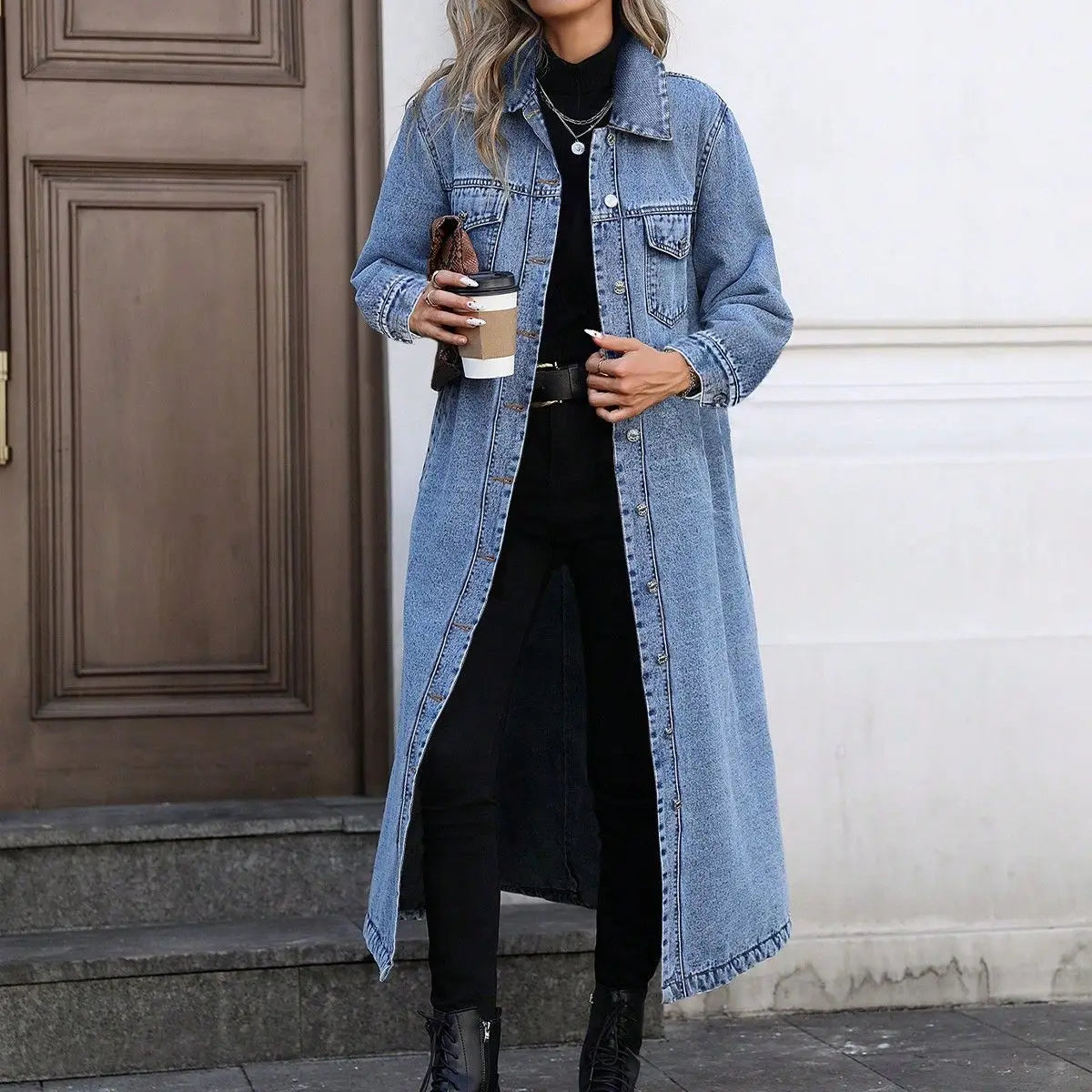 Effortless Denim Jacket for Women with Collar Long Sleeve Button Front Longline Relaxed Style