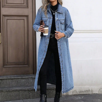 Effortless Denim Jacket for Women with Collar Long Sleeve Button Front Longline Relaxed Style