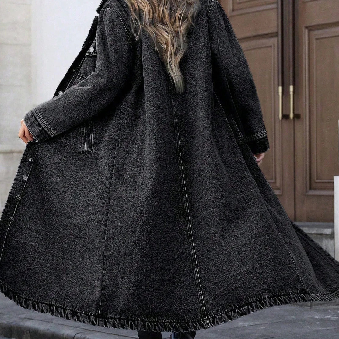 Effortless Denim Jacket for Women with Collar Long Sleeve Button Front Longline Relaxed Style