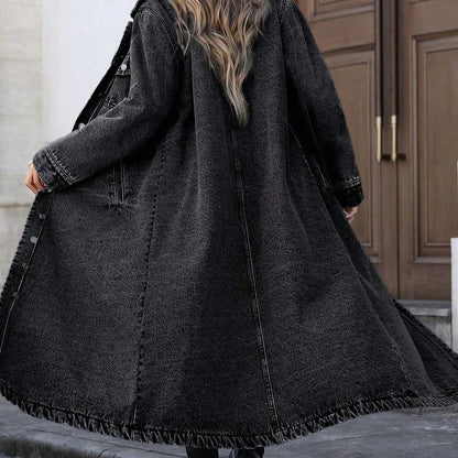Effortless Denim Jacket for Women with Collar Long Sleeve Button Front Longline Relaxed Style