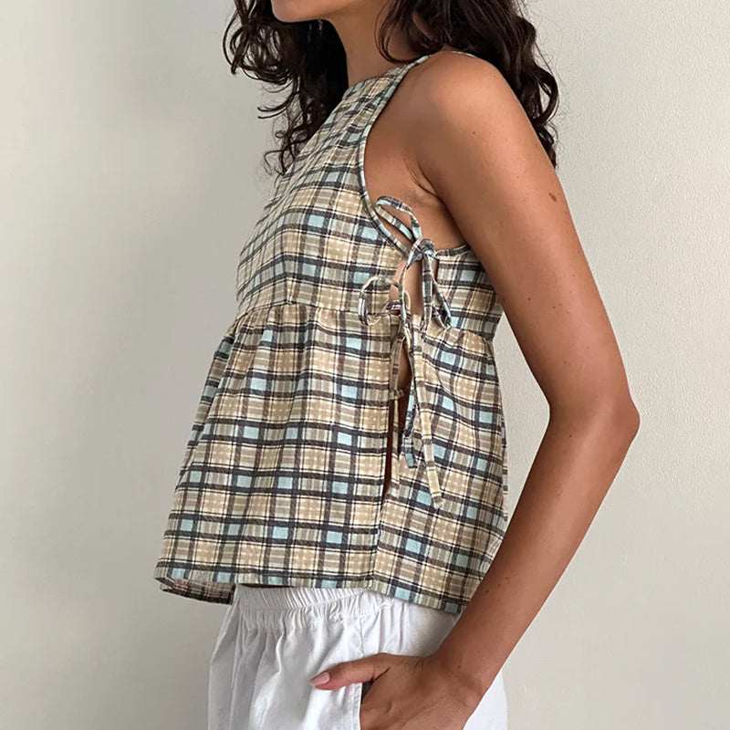 Effortless Plaid Tank Top for Women with High Neck Sleeveless Tie Side Peplum Casual Style