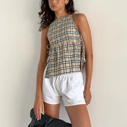 Effortless Plaid Tank Top for Women with High Neck Sleeveless Tie Side Peplum Casual Style