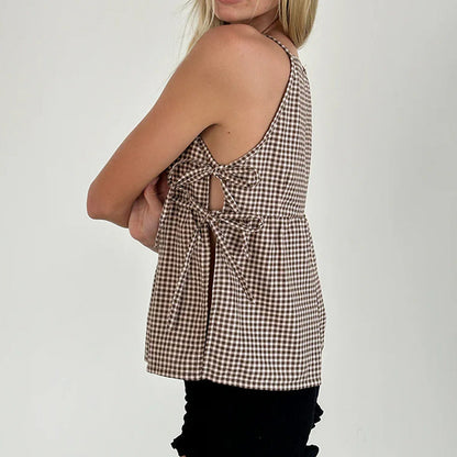 Effortless Plaid Tank Top for Women with High Neck Sleeveless Tie Side Peplum Casual Style