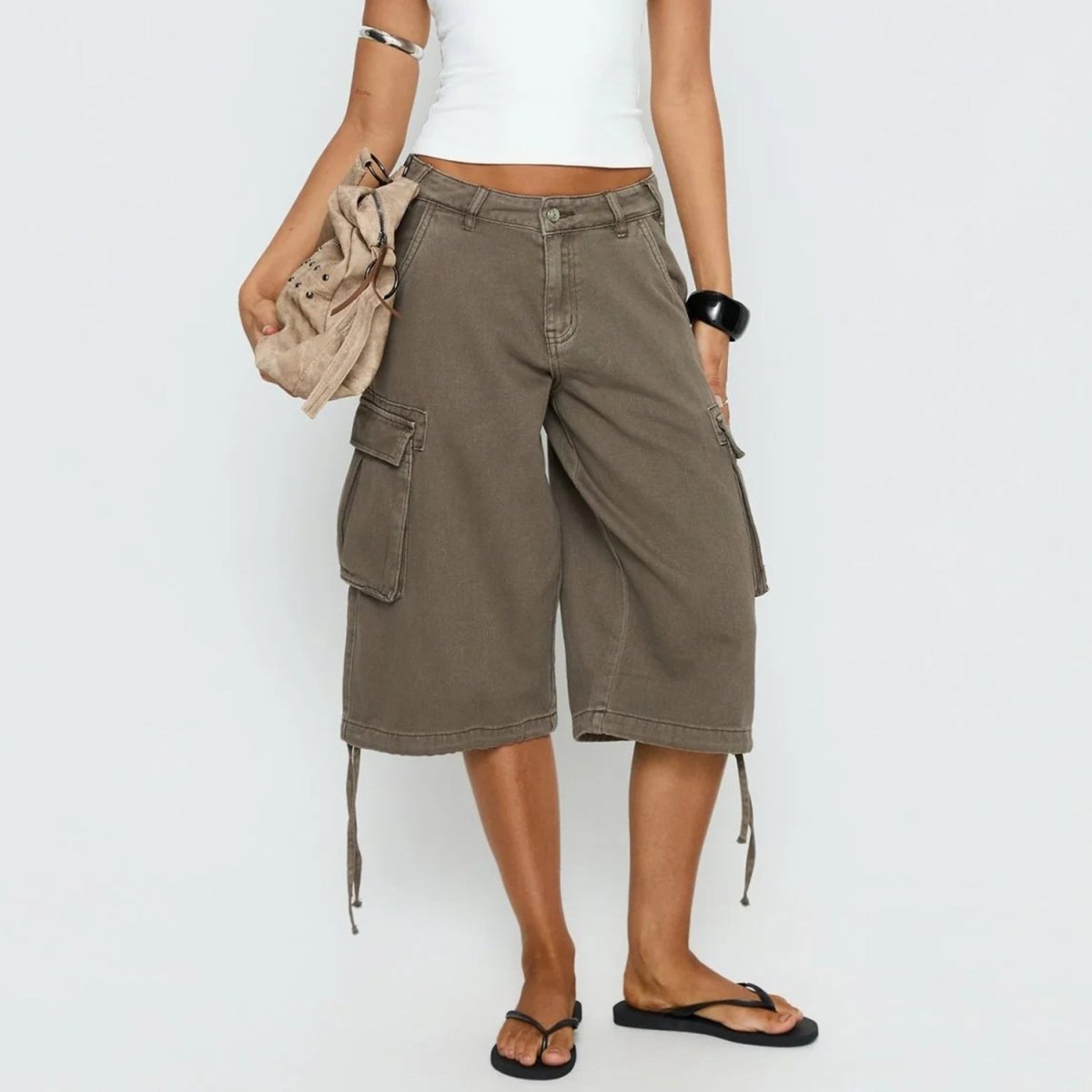 Effortless Khaki Cargo Pants for Women with High Waist Wide Leg Cropped Drawstring Casual Style