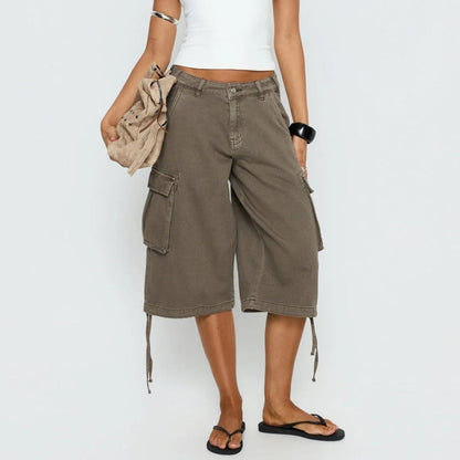 Effortless Khaki Cargo Pants for Women with High Waist Wide Leg Cropped Drawstring Casual Style