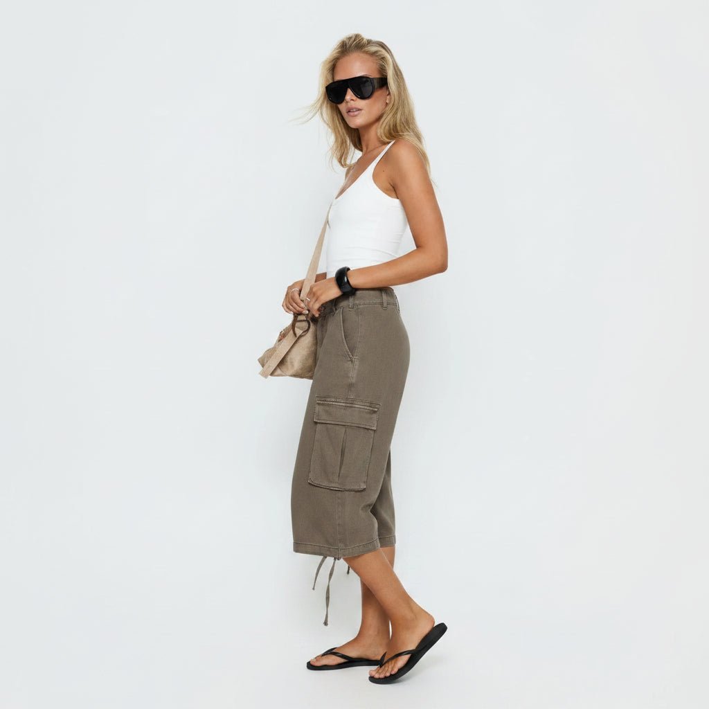 Effortless Khaki Cargo Pants for Women with High Waist Wide Leg Cropped Drawstring Casual Style