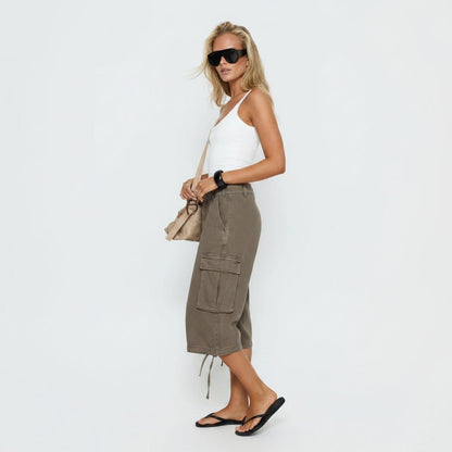 Effortless Khaki Cargo Pants for Women with High Waist Wide Leg Cropped Drawstring Casual Style