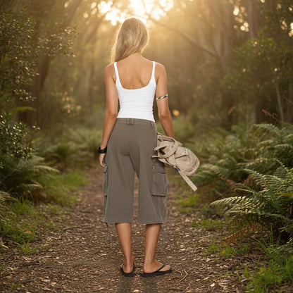 Effortless Khaki Cargo Pants for Women with High Waist Wide Leg Cropped Drawstring Casual Style