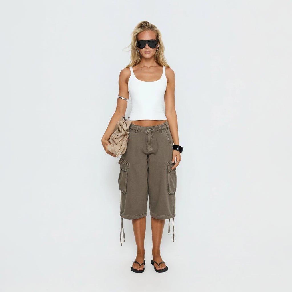 Effortless Khaki Cargo Pants for Women with High Waist Wide Leg Cropped Drawstring Casual Style