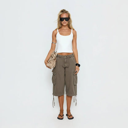 Effortless Khaki Cargo Pants for Women with High Waist Wide Leg Cropped Drawstring Casual Style