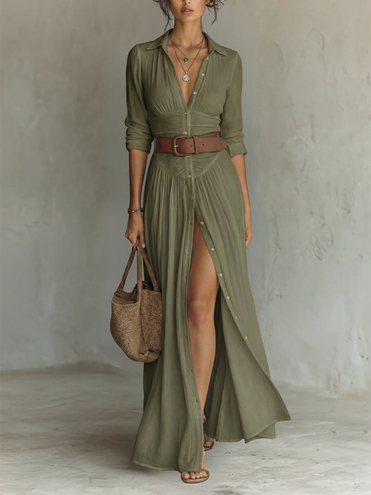 Effortless Green Maxi Dress for Women with Collared Button Front Long Sleeve Side Slit Bohemian Style