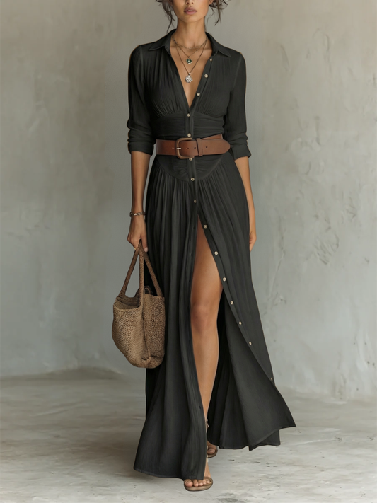 Effortless Black Maxi Dress for Women with Collared Button Front Long Sleeve Side Slit Bohemian Style