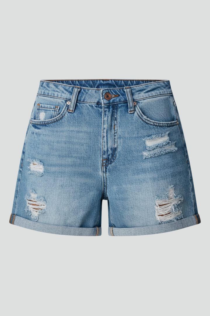 Effortless Light Blue Distressed Denim Shorts for Women with High Waisted Rolled Cuff Frayed Casual Style