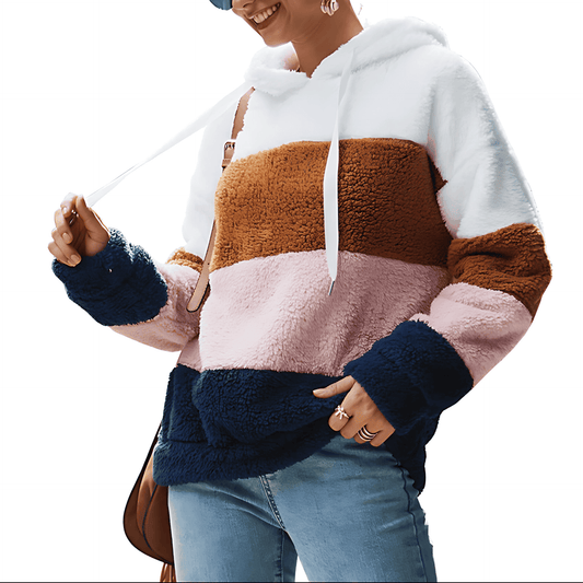 Comfortable Colorblock Sherpa Hoodie for Women with Drawstring Hood Long Sleeve Oversized Fleece Style