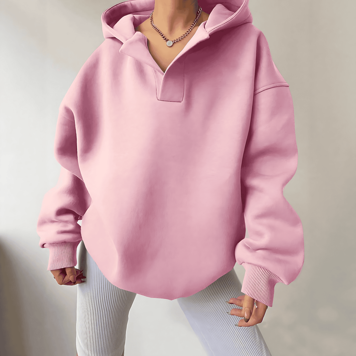 Comfortable Oversized Fleece Hoodie for Women with V Neck Long Sleeve Drop Shoulder Relaxed Style