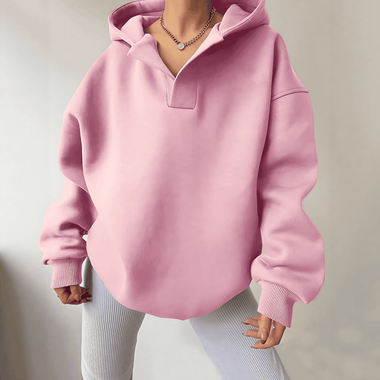 Comfortable Oversized Fleece Hoodie for Women with V Neck Long Sleeve Drop Shoulder Relaxed Style