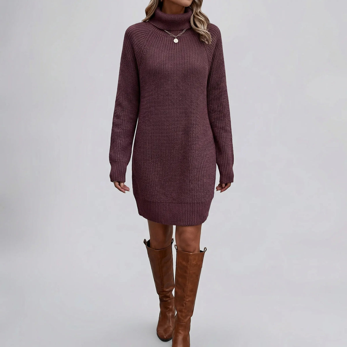 Cozy Sweater Dress for Women with Turtleneck Long Sleeve Chunky Knit Ribbed Tunic Style